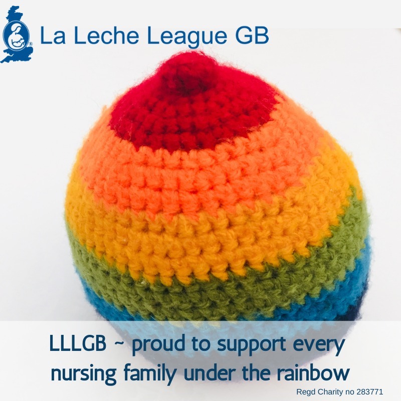 A rainbow knitted boob. Text: LLLGB- proud to support every nursing family under the rainbow