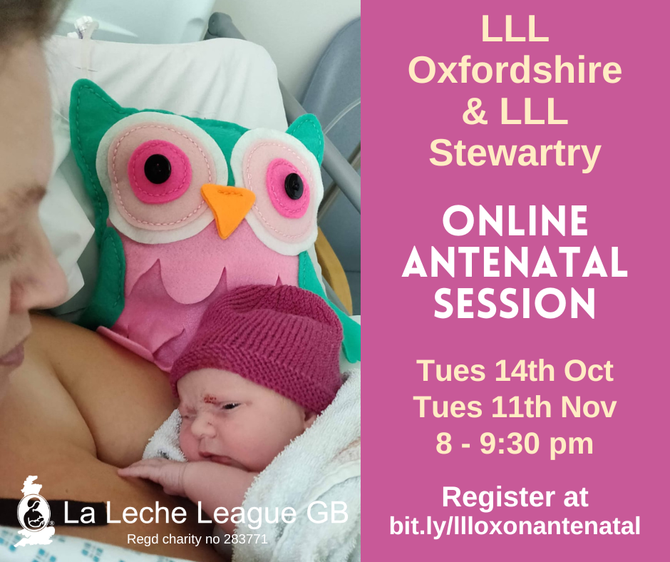 A newborn alseep in his mother's lap. TextL LLL Oxfordshire Online Antenatal Session. Tuesday 14th October, Tuesday 11th November, 8-9:30 pm. Register to get the meeting link