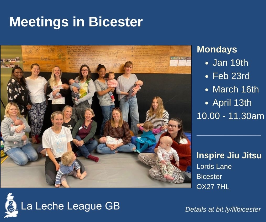 A group of motthers and babies standing and sitting on the floor at our Bicester venue and the LLLGB logo Text: Meetings in Bicester. Mondays Jan 19th, Feb 23rd, March 16th, April 13th, 10-11:30 am. Inspire Jiu Jitsu, Lords Lane, Bicester, OX27 7HL