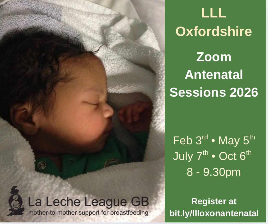 A newborn alseep in his mother's lap. TextL LLL Oxfordshire Online Antenatal Session. February 3rd, May 5th, July 7th, October 6th, 8-9:30 pm. Register to get the meeting link